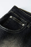 Washed Distressed Panel-Seam Flare Jeans in Black - product detail close-up