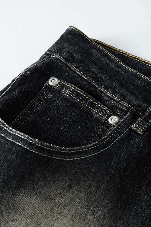 Washed Distressed Panel-Seam Flare Jeans in Black - product detail close-up