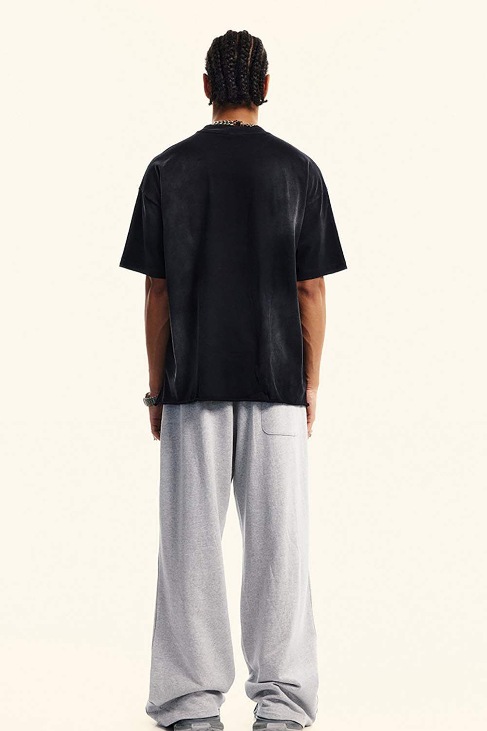 Washed Side-Stripe Zip-Hem Wide-Leg Sweatpants in Flower Gray - full-length back modeled view