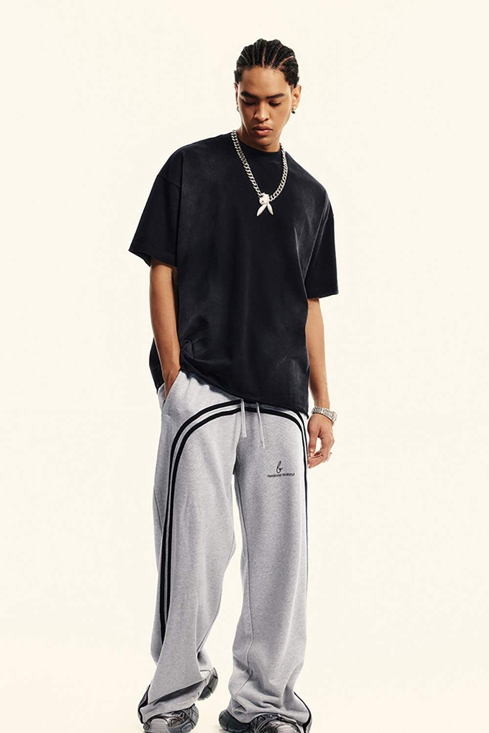 Washed Side-Stripe Zip-Hem Wide-Leg Sweatpants in Flower Gray - full-length front modeled view