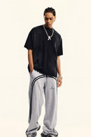 Washed Side-Stripe Zip-Hem Wide-Leg Sweatpants in Flower Gray - full-length front modeled view