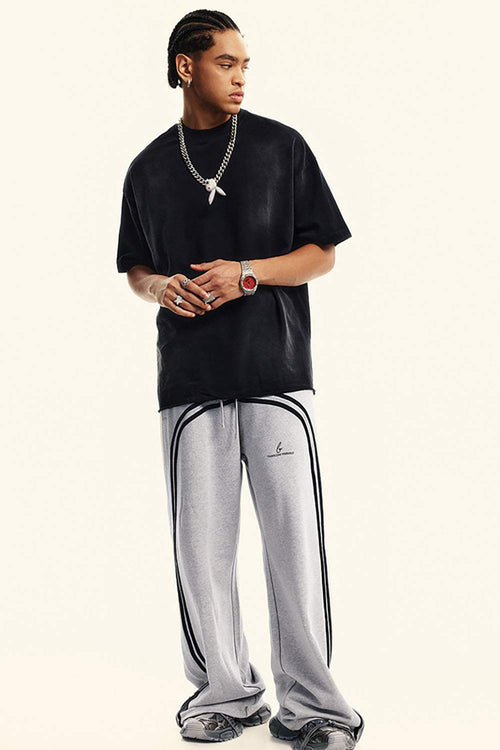Washed Side-Stripe Zip-Hem Wide-Leg Sweatpants in Flower Gray - full-length front modeled view