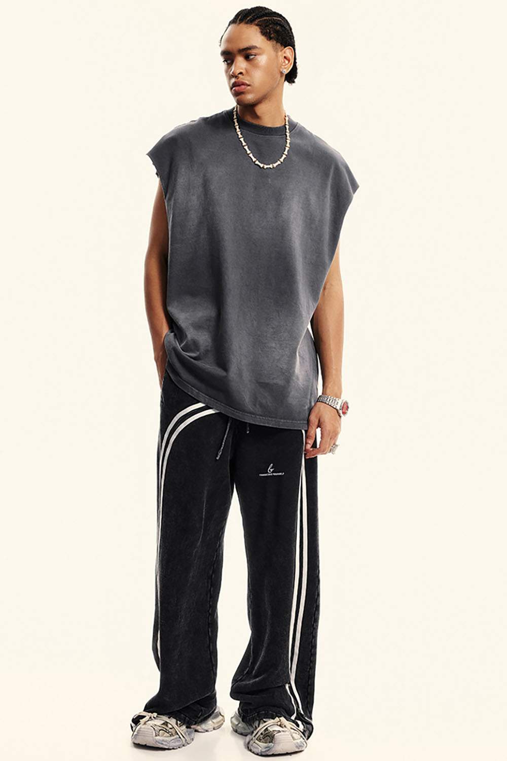 Washed Side-Stripe Zip-Hem Wide-Leg Sweatpants in Fried Snowflakes - full-length front modeled view