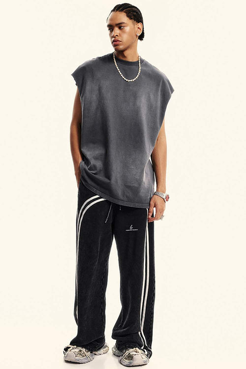 Washed Side-Stripe Zip-Hem Wide-Leg Sweatpants in Fried Snowflakes - full-length front modeled view