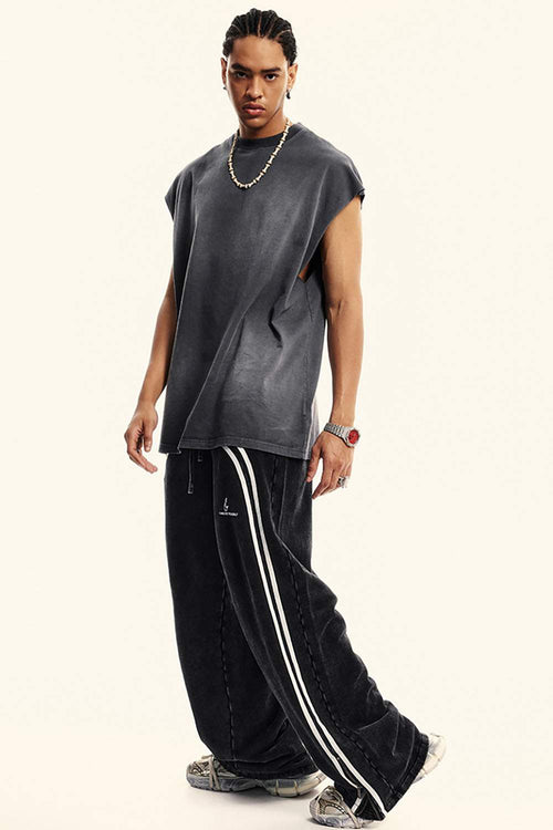 Washed Side-Stripe Zip-Hem Wide-Leg Sweatpants in Fried Snowflakes - full-length front modeled view