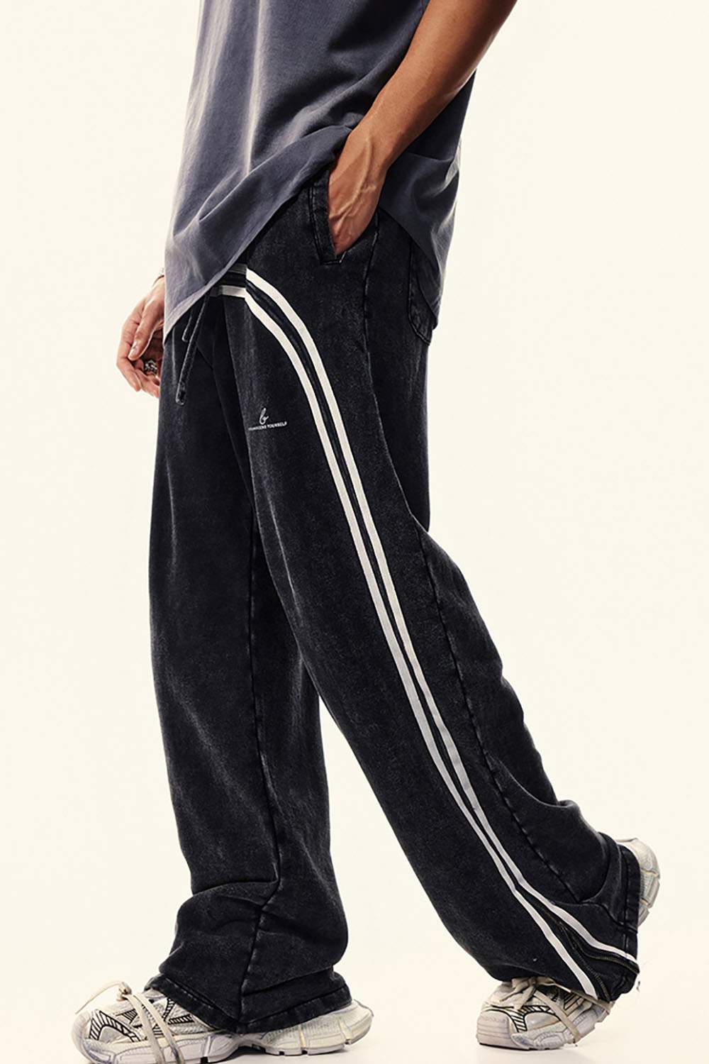 Washed Side-Stripe Zip-Hem Wide-Leg Sweatpants in Fried Snowflakes - full-length front modeled view