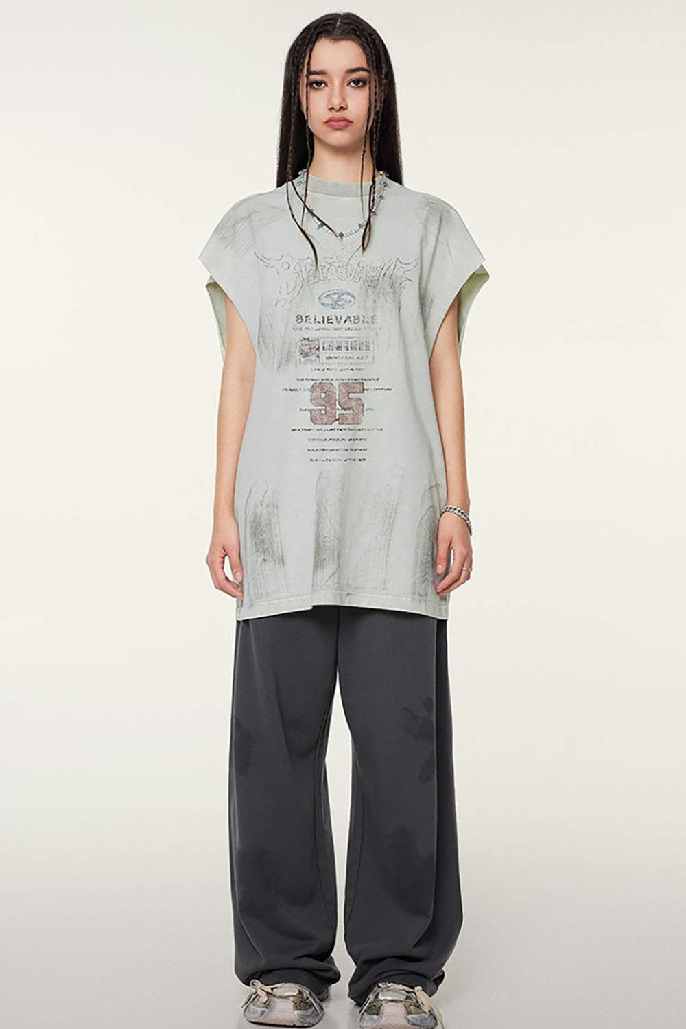 Distressed Brush-Mark Graphic Longline Cotton Tank in Light Gray - full-length front modeled view