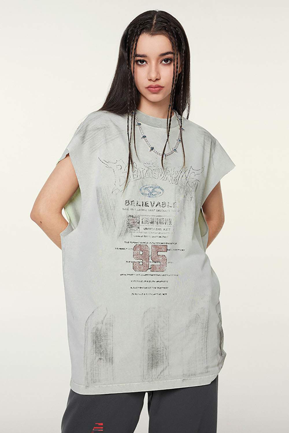 Distressed Brush-Mark Graphic Longline Cotton Tank in Light Gray - front product view