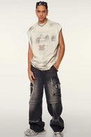Distressed Brush-Mark Graphic Longline Cotton Tank in Slate Rice - full-length front modeled view