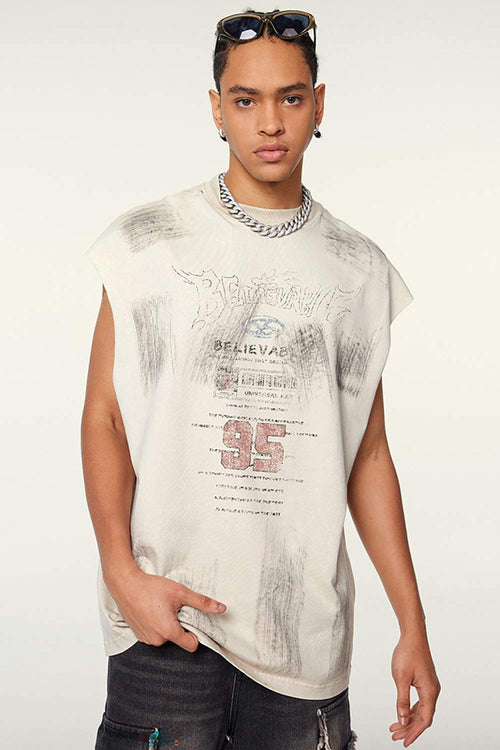 Distressed Brush-Mark Graphic Longline Cotton Tank in Slate Rice - product detail close-up