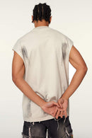 Distressed Brush-Mark Graphic Longline Cotton Tank in Slate Rice - back modeled view