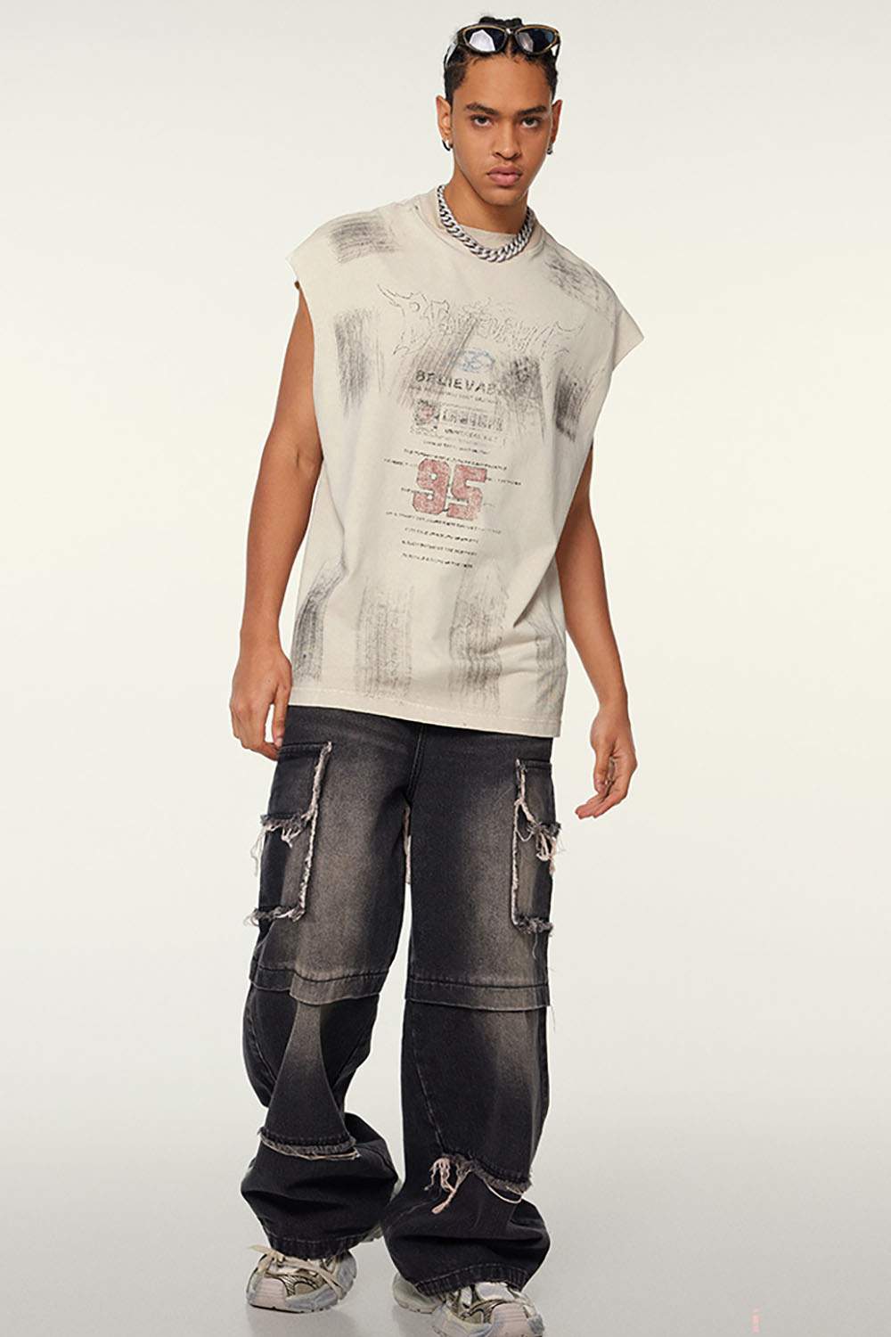 Distressed Brush-Mark Graphic Longline Cotton Tank in Slate Rice - full-length front modeled view