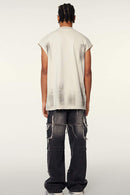 Distressed Brush-Mark Graphic Longline Cotton Tank in Slate Rice - full-length back modeled view