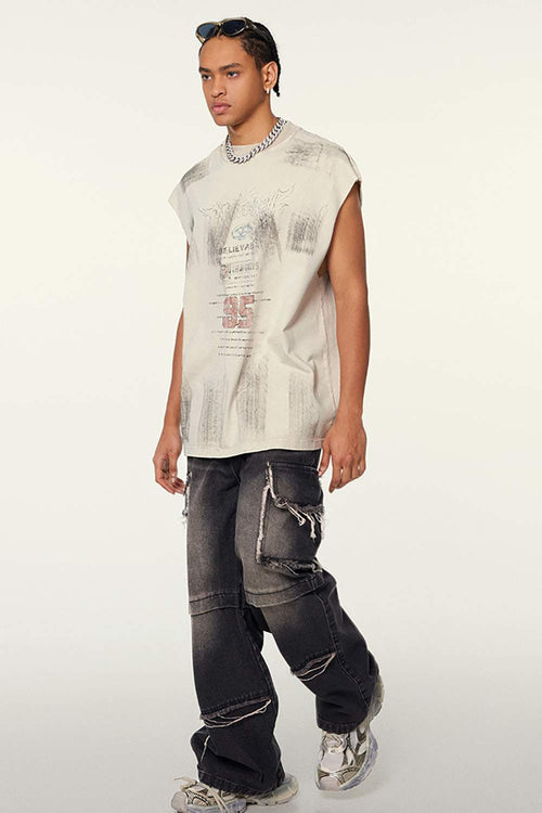 Distressed Brush-Mark Graphic Longline Cotton Tank in Slate Rice - full-length front modeled view