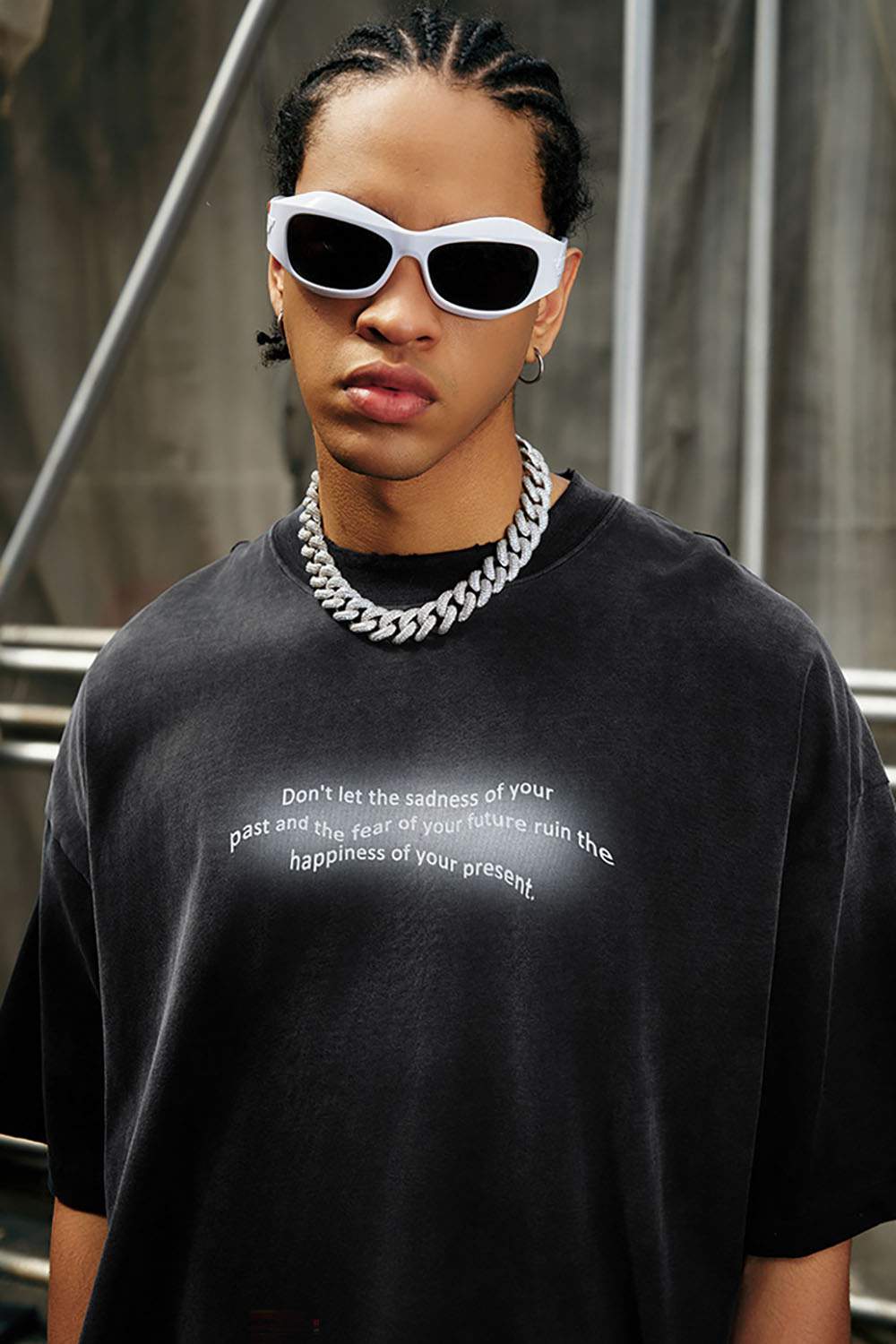 Washed Distressed-Neck Graphic Cotton T-Shirt in Black - product detail close-up