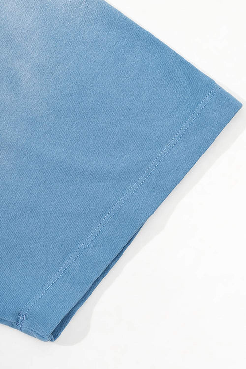 Washed Distressed-Neck Graphic Cotton T-Shirt in Blue - cuff detail