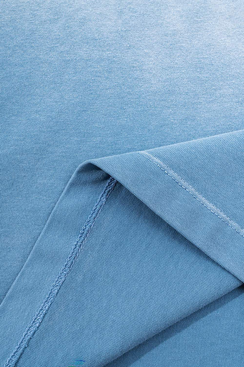 Washed Distressed-Neck Graphic Cotton T-Shirt in Blue - seam and stitching detail