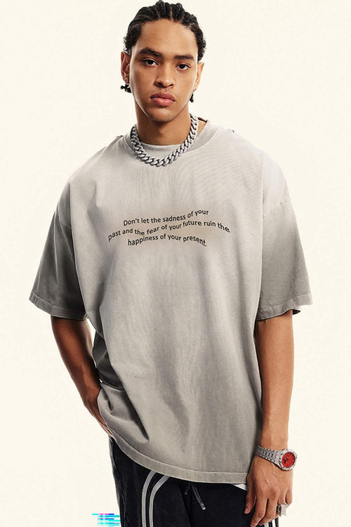Washed Distressed-Neck Graphic Cotton T-Shirt in Light Gray - front modeled view