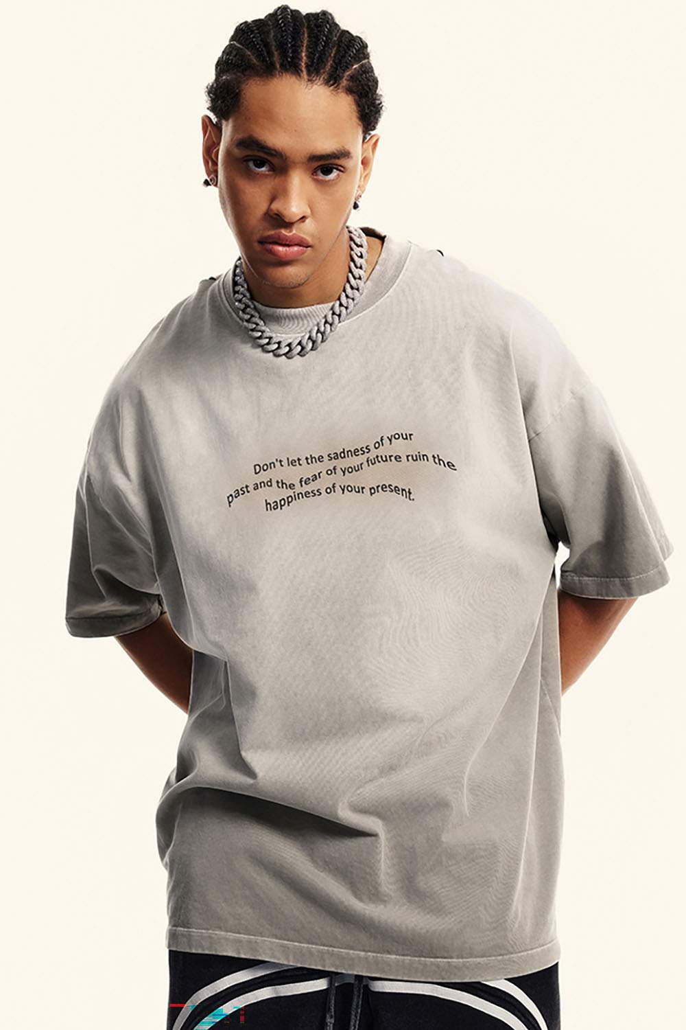 Washed Distressed-Neck Graphic Cotton T-Shirt in Light Gray - front modeled view