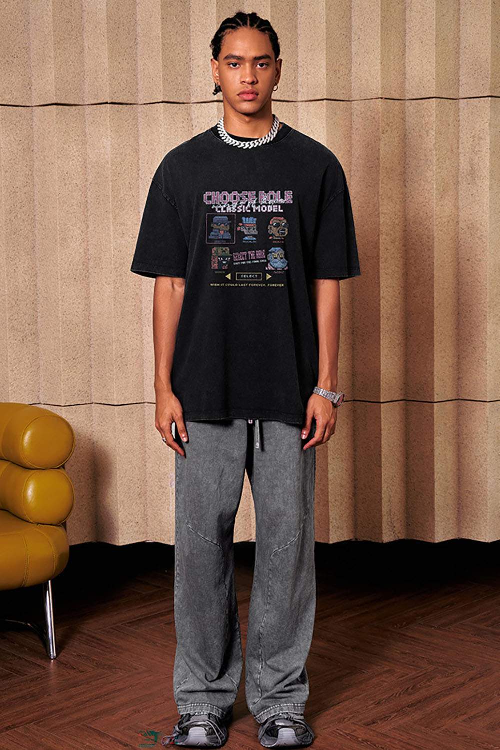 Breathable Vintage-Wash Pixel Graphic Cotton T-Shirt in Fried Snowflakes - full-length front modeled view