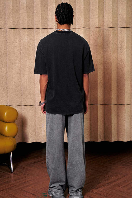 Breathable Vintage-Wash Pixel Graphic Cotton T-Shirt in Fried Snowflakes - full-length back modeled view