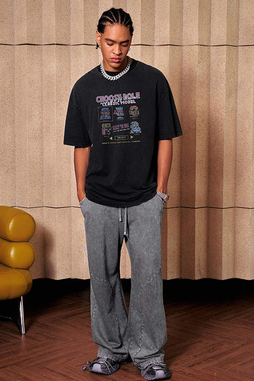 Breathable Vintage-Wash Pixel Graphic Cotton T-Shirt in Fried Snowflakes - full-length front modeled view