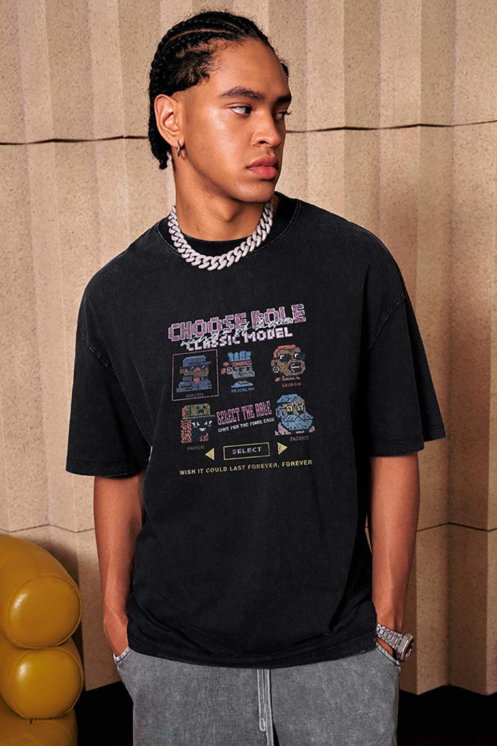 Breathable Vintage-Wash Pixel Graphic Cotton T-Shirt in Fried Snowflakes - three-quarter front modeled view