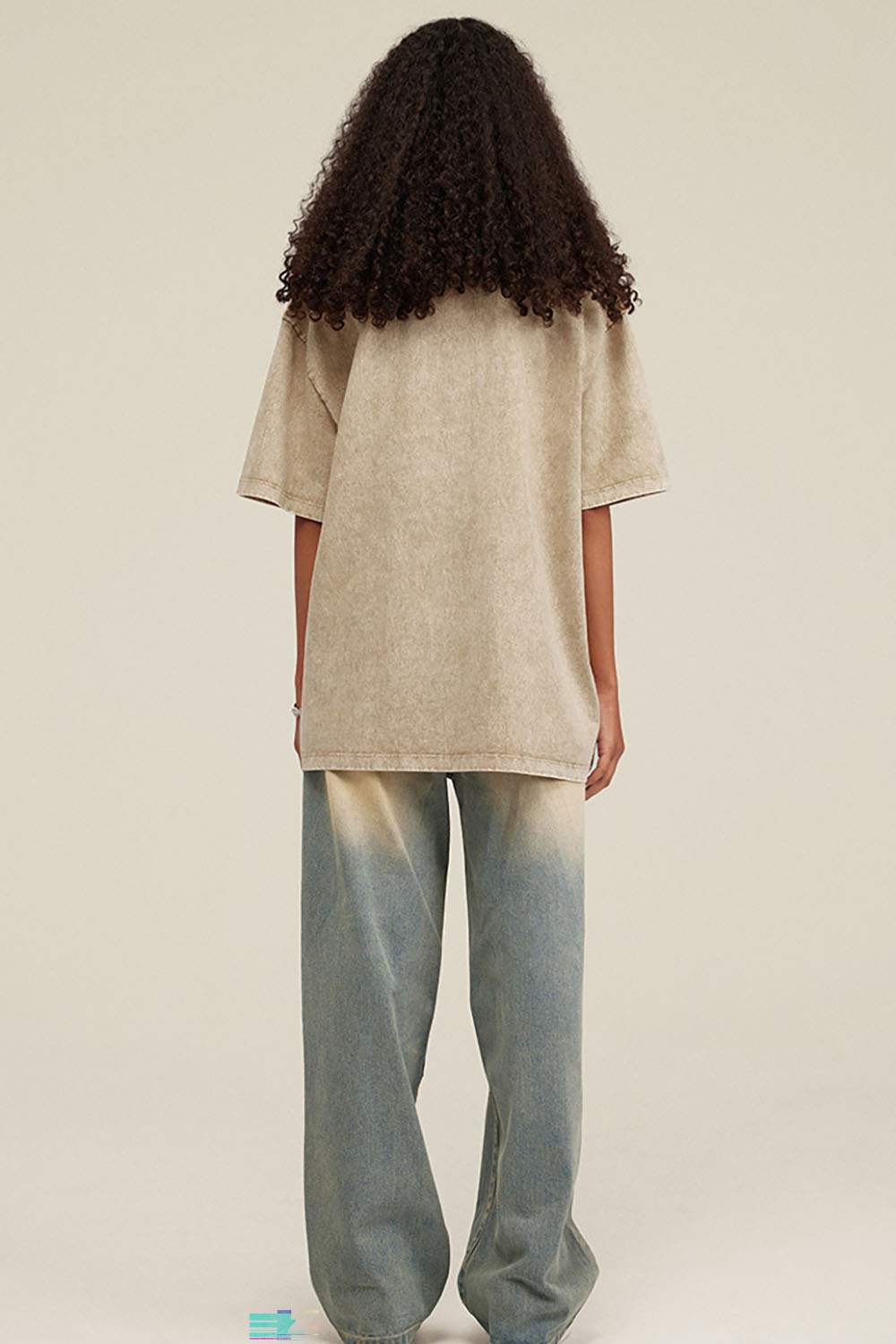 Breathable Vintage-Wash Pixel Graphic Cotton T-Shirt in Khaki - full-length back modeled view