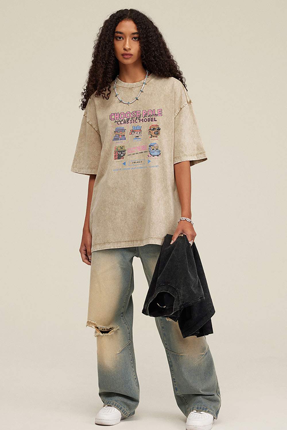 Breathable Vintage-Wash Pixel Graphic Cotton T-Shirt in Khaki - full-length front modeled view
