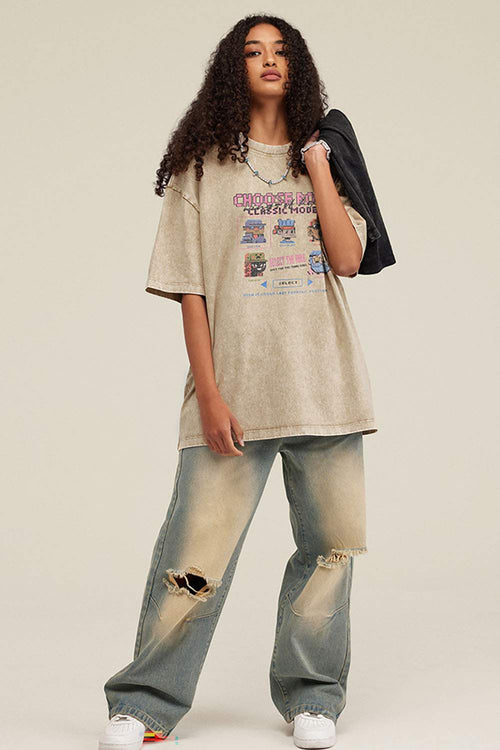 Breathable Vintage-Wash Pixel Graphic Cotton T-Shirt in Khaki - full-length front modeled view
