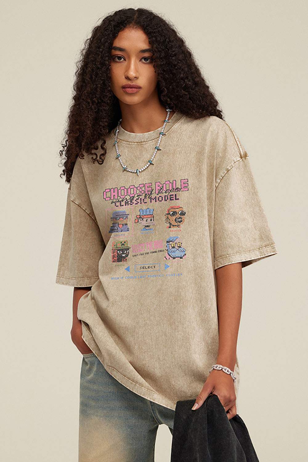 Breathable Vintage-Wash Pixel Graphic Cotton T-Shirt in Khaki - three-quarter front modeled view