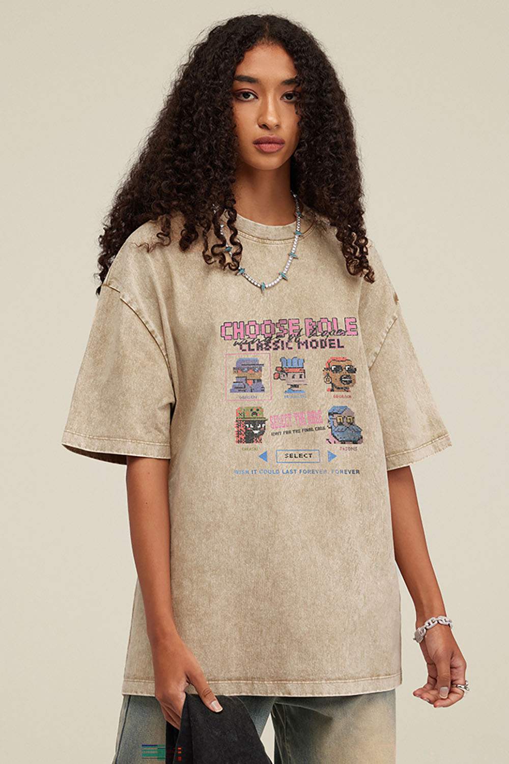 Breathable Vintage-Wash Pixel Graphic Cotton T-Shirt in Khaki - front modeled view