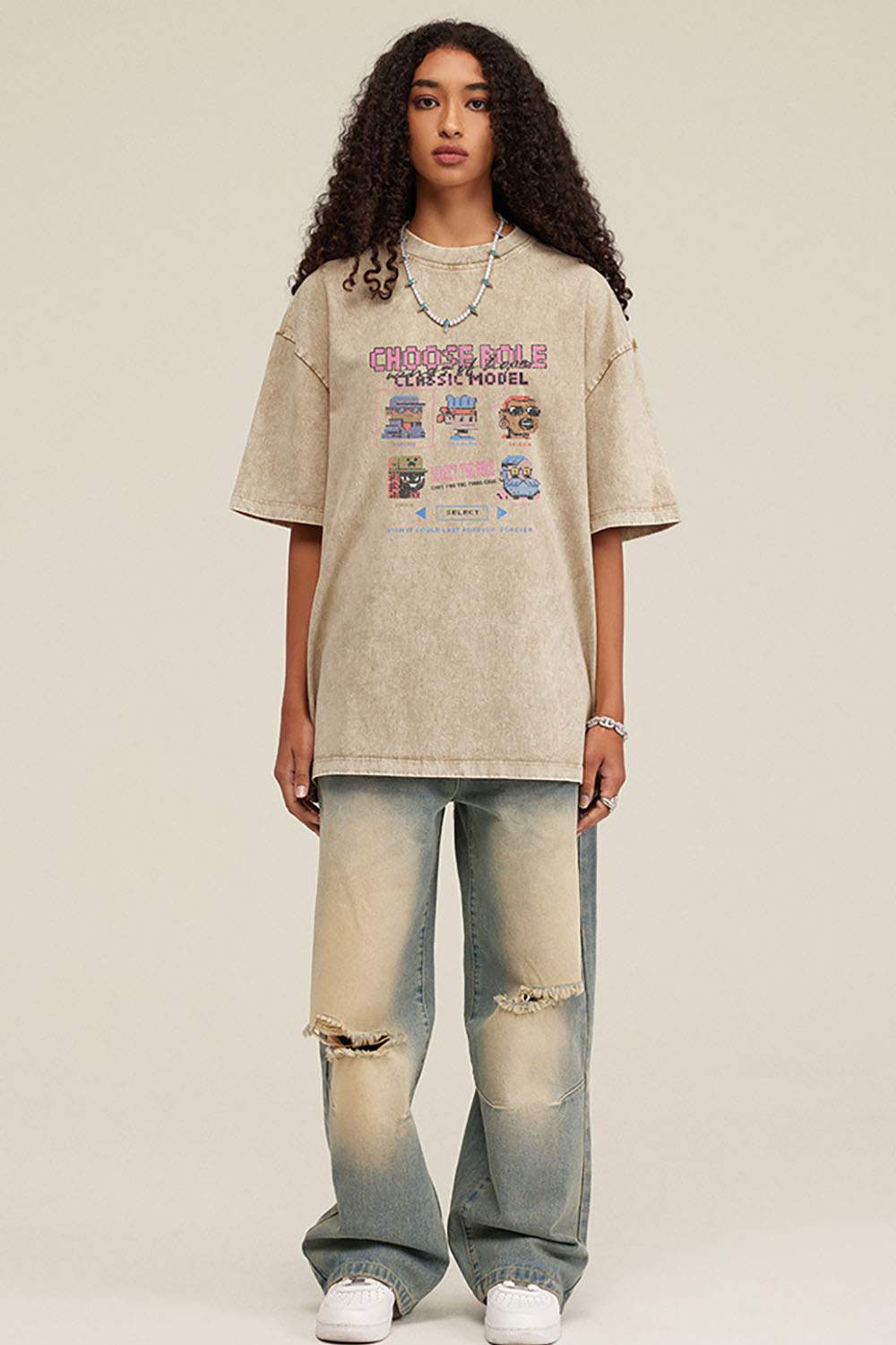 Breathable Vintage-Wash Pixel Graphic Cotton T-Shirt in Khaki - full-length front modeled view