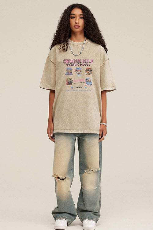 Breathable Vintage-Wash Pixel Graphic Cotton T-Shirt in Khaki - full-length front modeled view