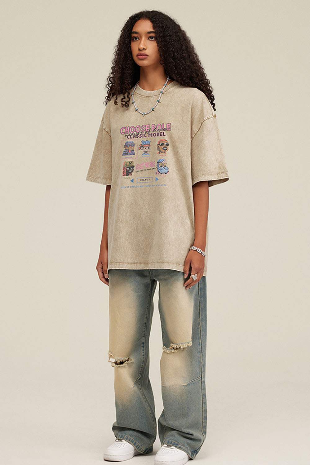 Breathable Vintage-Wash Pixel Graphic Cotton T-Shirt in Khaki - full-length front modeled view
