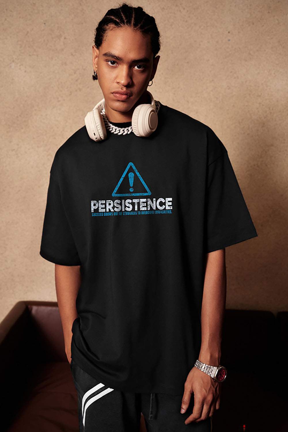 Cool-Touch Persistence Graphic Sorona-Blend T-Shirt in Metallic Black - front product view