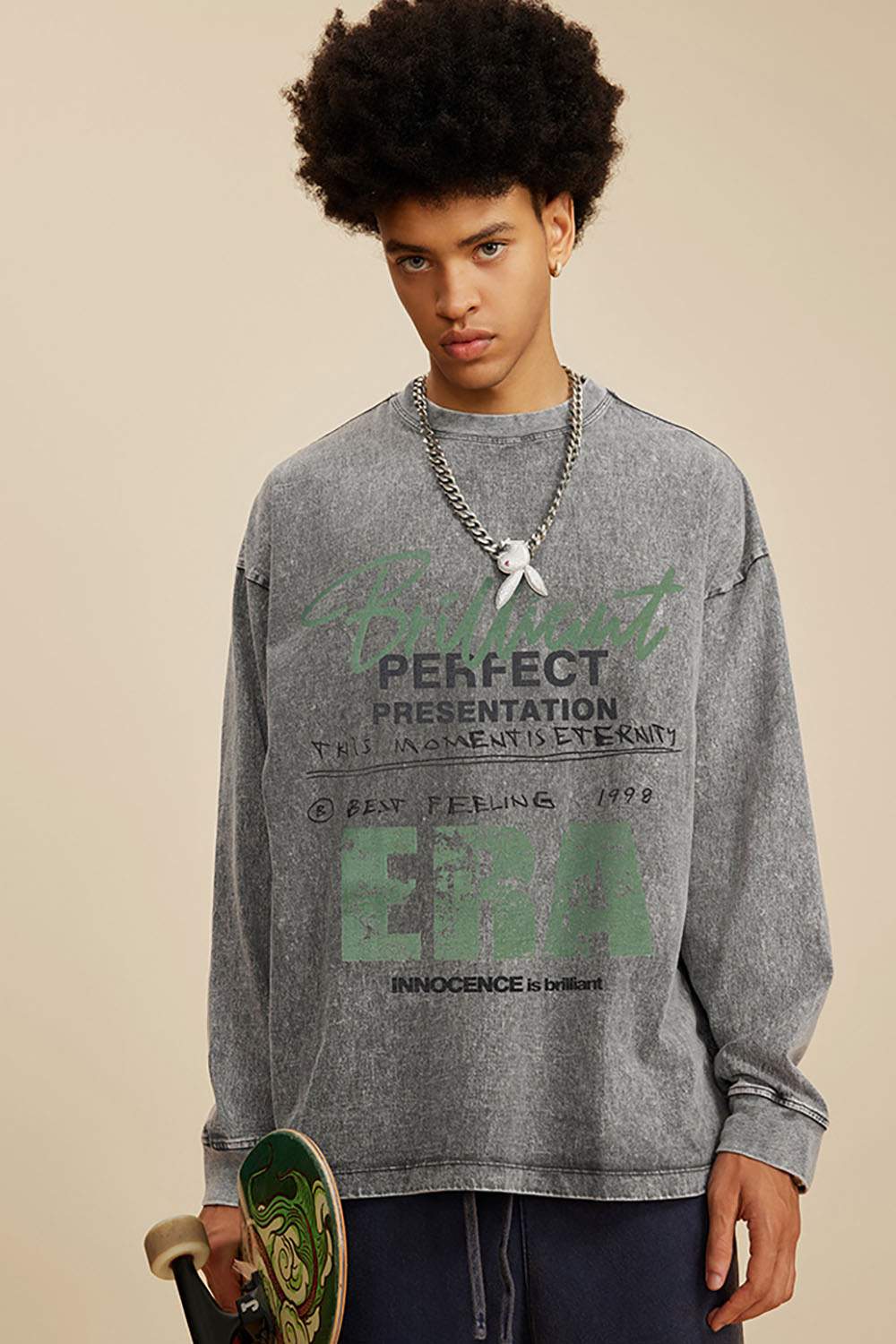 Loose Washed Small Neck Letter Long Sleeve T-Shirt