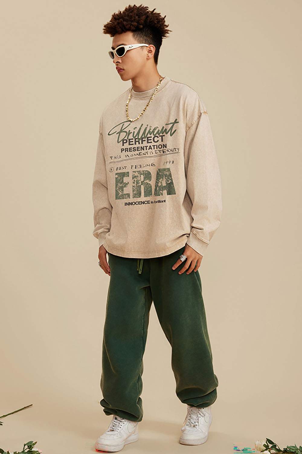 Loose Washed Small Neck Letter Long Sleeve T-Shirt