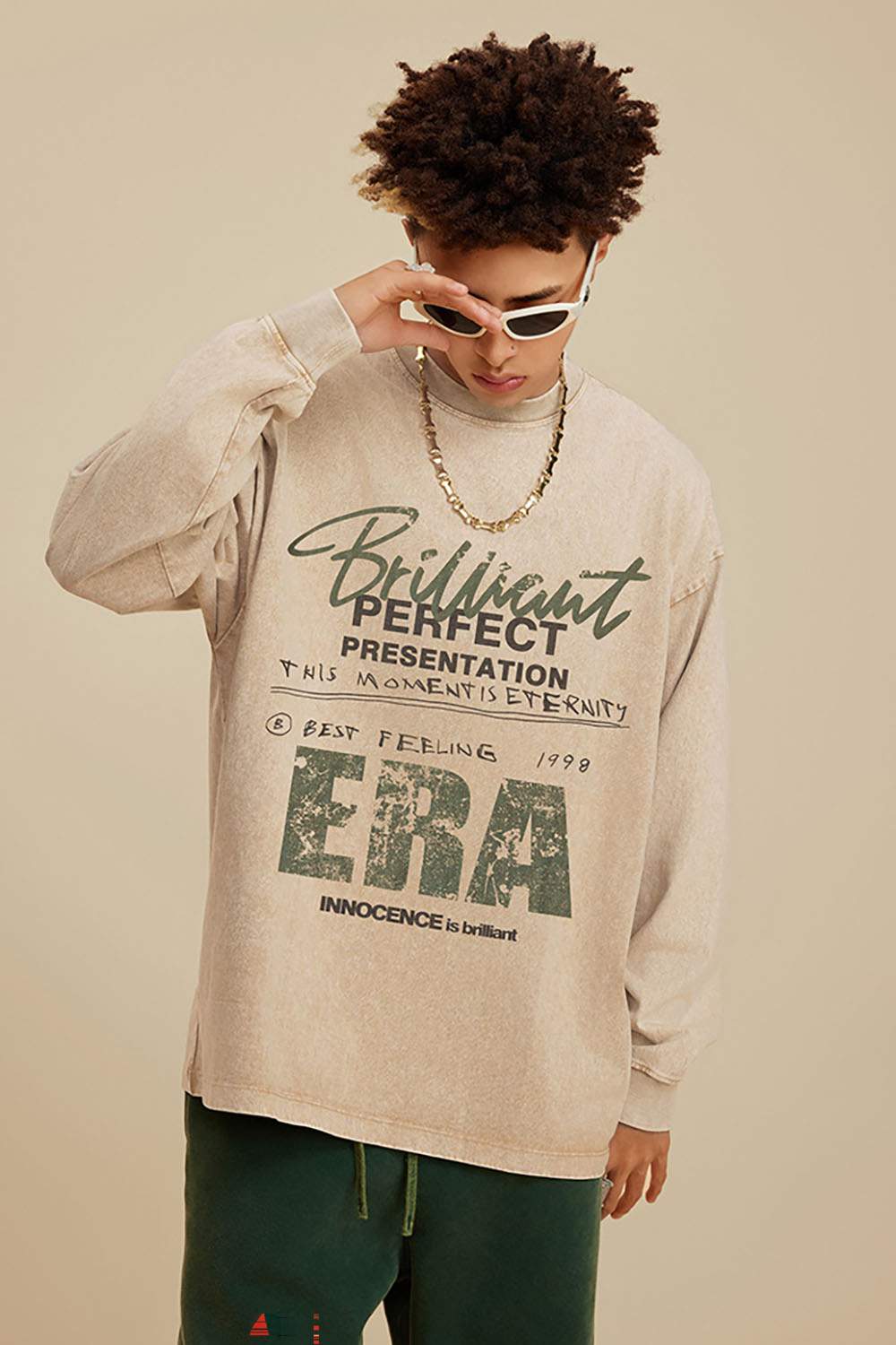 Loose Washed Small Neck Letter Long Sleeve T-Shirt