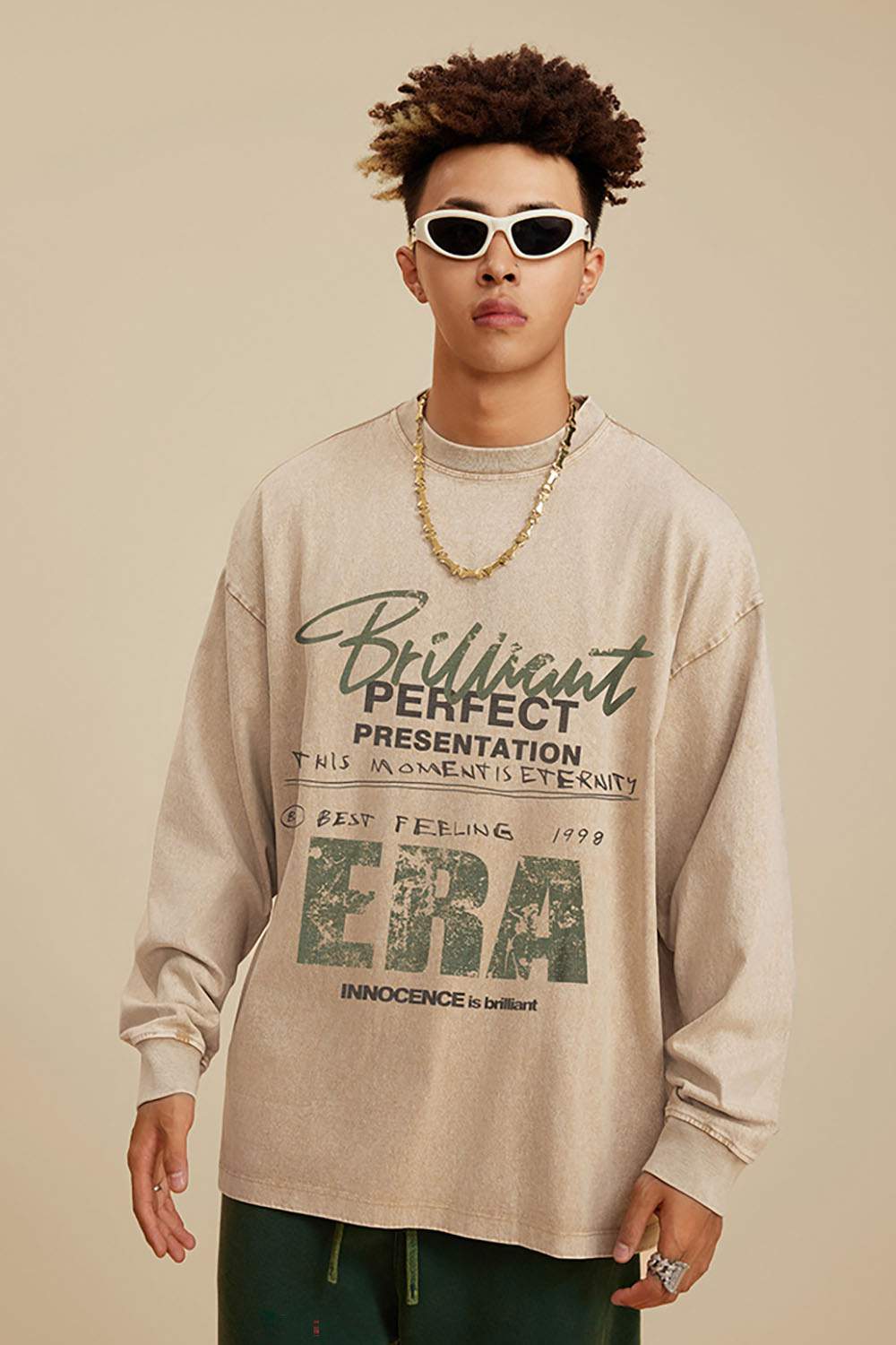 Loose Washed Small Neck Letter Long Sleeve T-Shirt