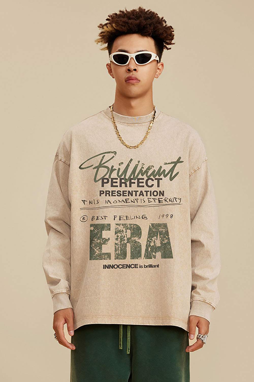 Loose Washed Small Neck Letter Long Sleeve T-Shirt