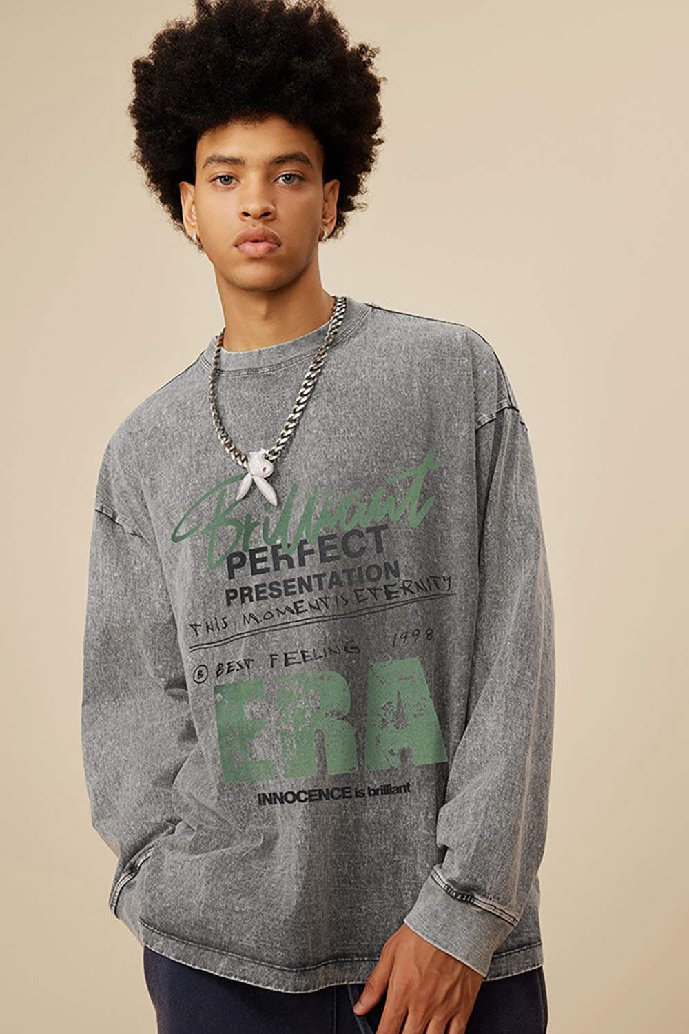 Loose Washed Small Neck Letter Long Sleeve T-Shirt