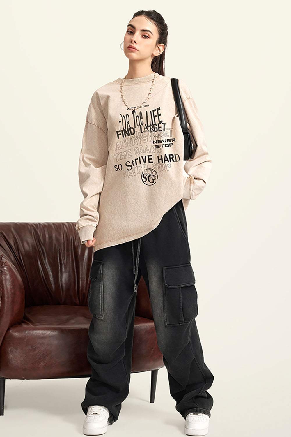 Washed Loose Fit Casual Letter Print Long Sleeve T-Shirt