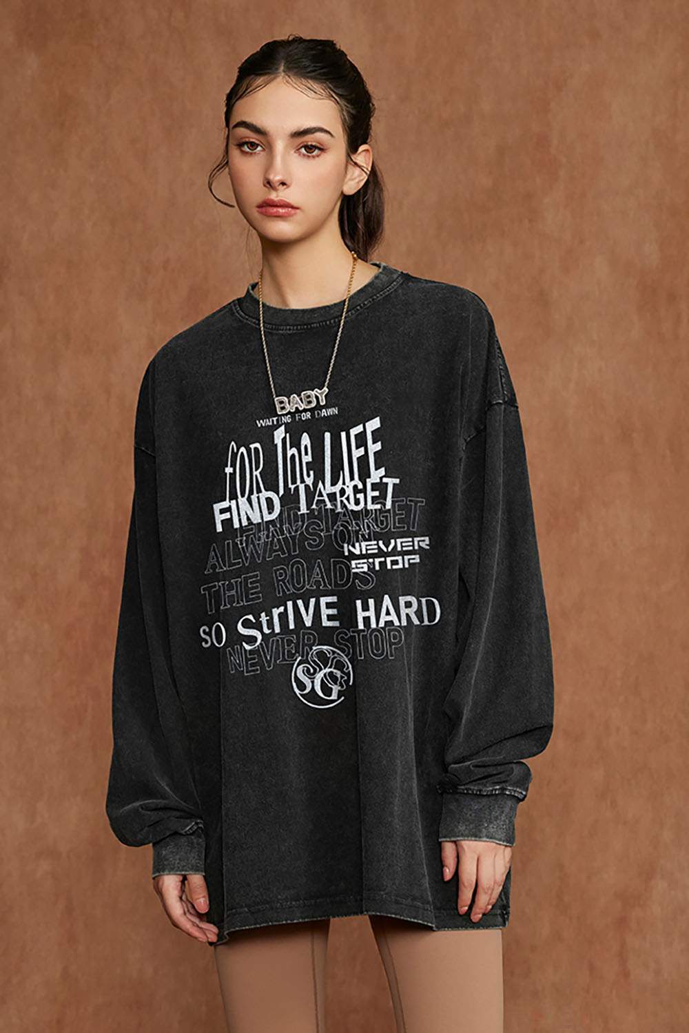 Washed Loose Fit Casual Letter Print Long Sleeve T-Shirt