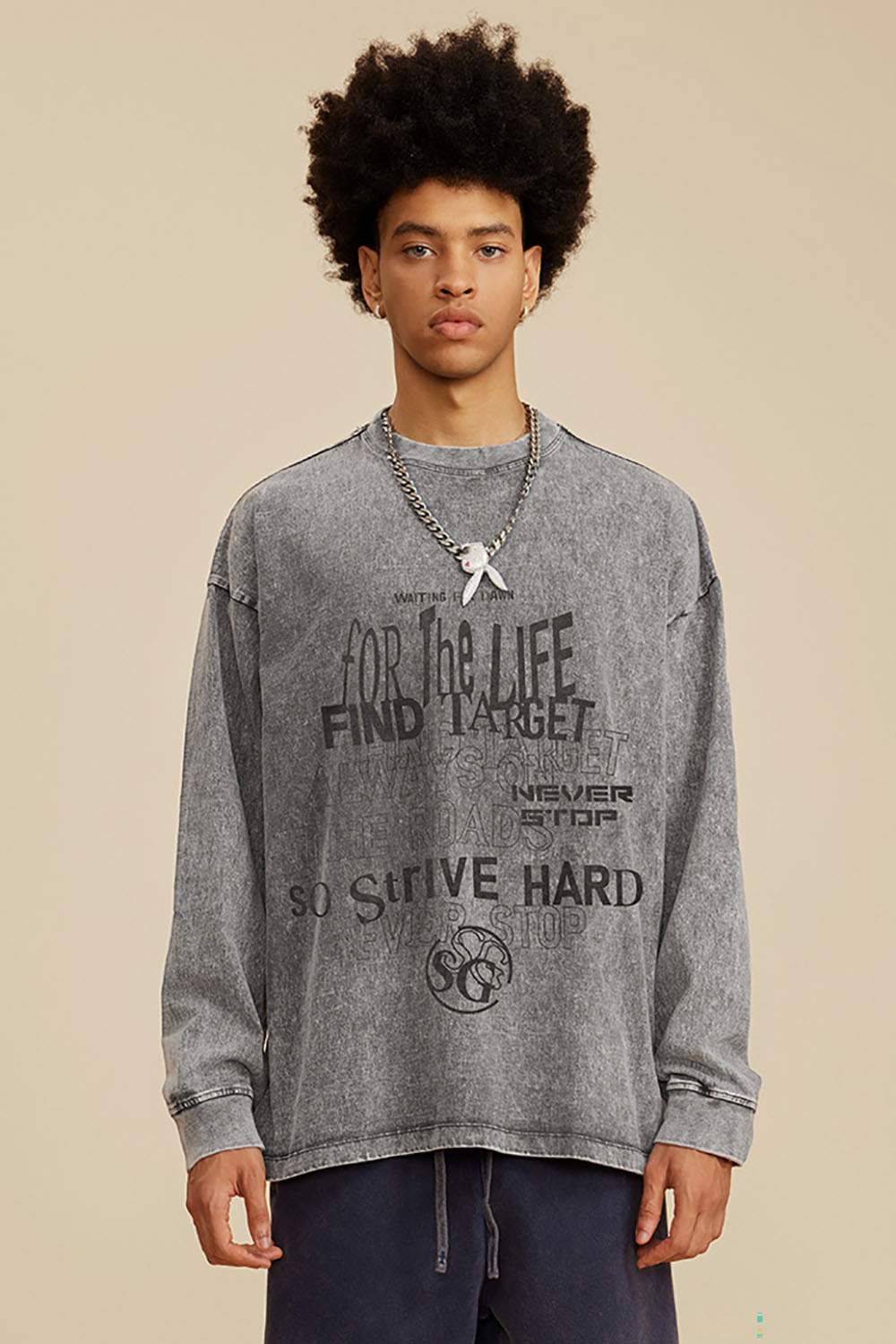 Washed Loose Fit Casual Letter Print Long Sleeve T-Shirt