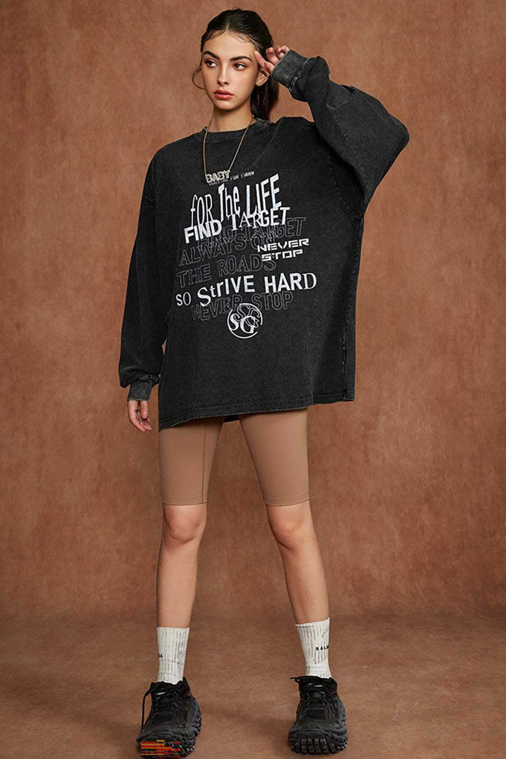 Washed Loose Fit Casual Letter Print Long Sleeve T-Shirt