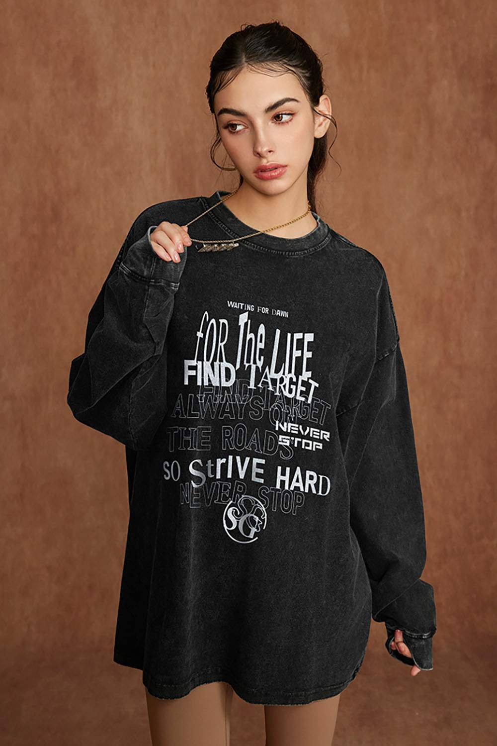 Washed Loose Fit Casual Letter Print Long Sleeve T-Shirt