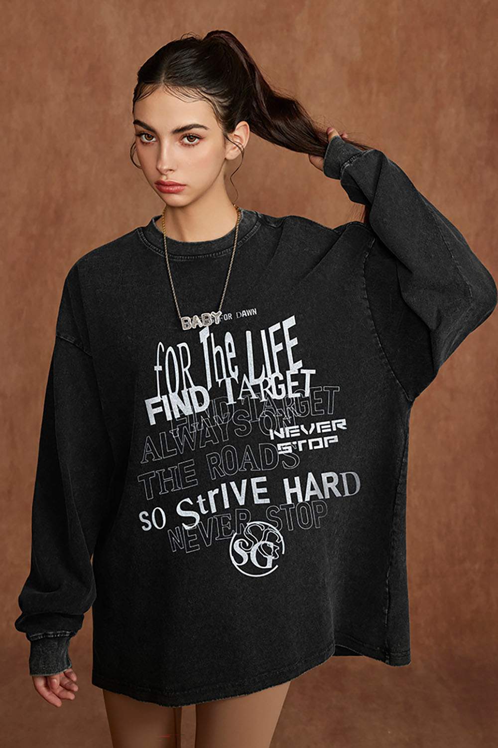 Washed Loose Fit Casual Letter Print Long Sleeve T-Shirt