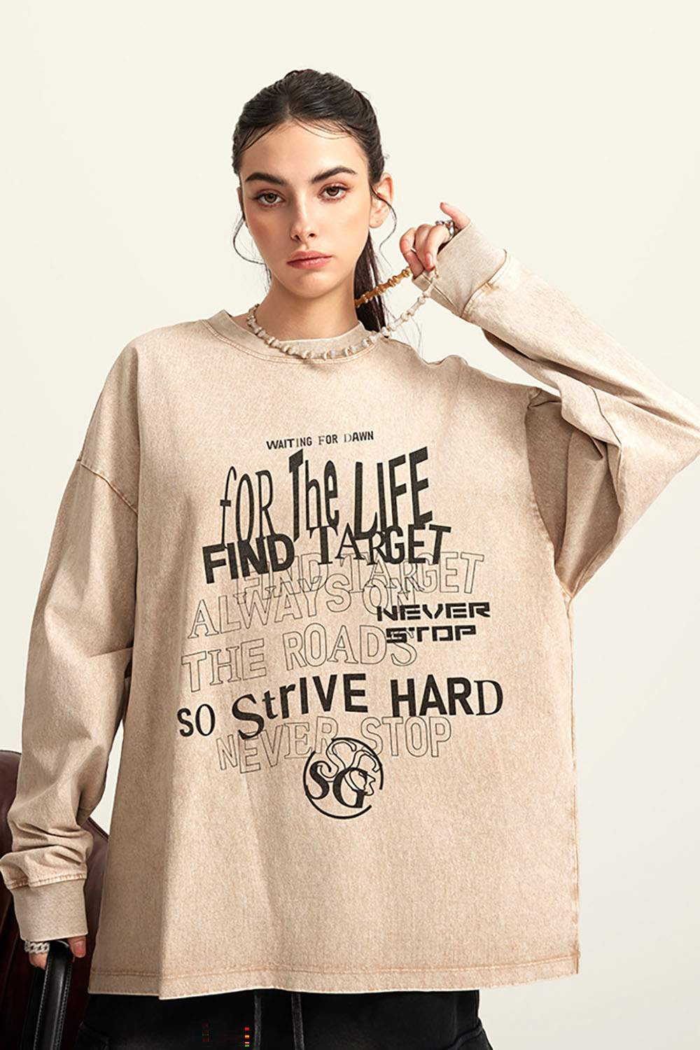 Moisture-Wicking Washed Graphic Cotton Long-Sleeve T-Shirt in Khaki - product detail close-up