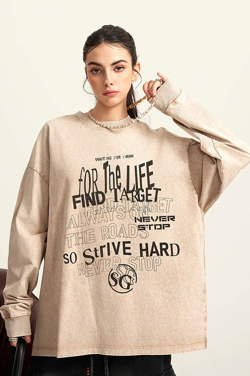 Moisture-Wicking Washed Graphic Cotton Long-Sleeve T-Shirt in Khaki - product detail close-up